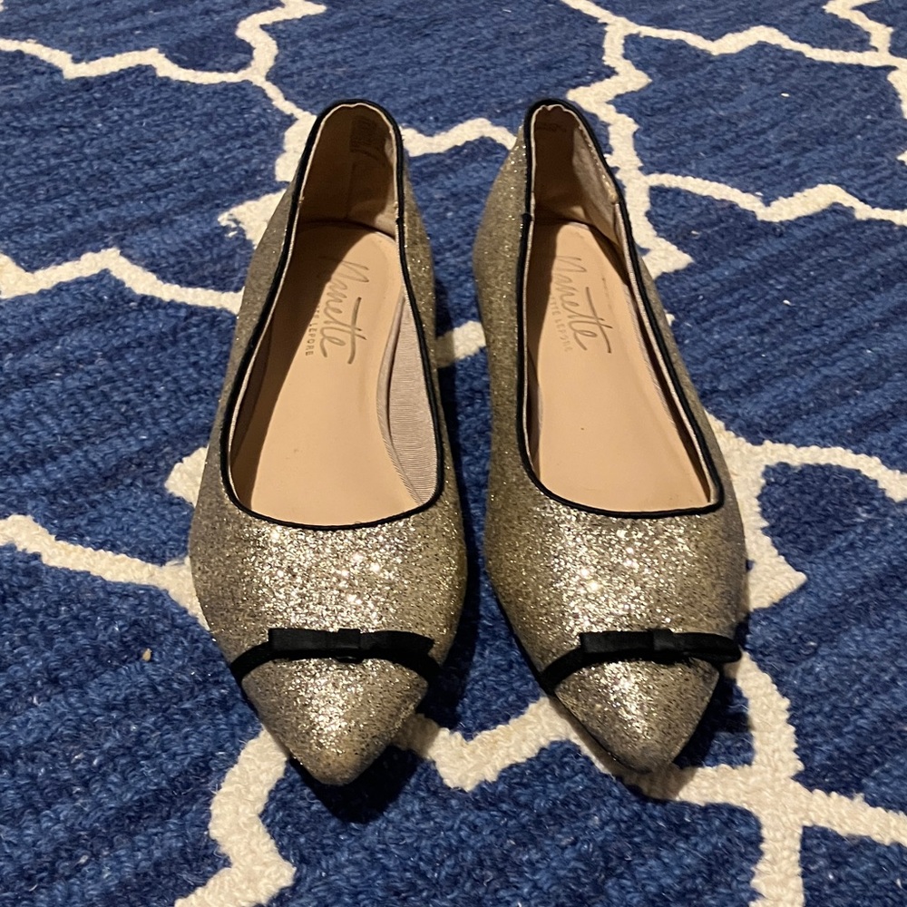 Nanette Lepore Gold Sparkle Flats with Black Accent Bow